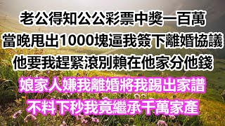 老公得知公公彩票中獎一百萬，當晚甩出1000塊逼我簽下離婚協議，他要我趕緊滾別賴在他家分他錢，娘家人嫌我離婚將我踢出家譜，不料下秒我竟繼承千萬家產#情感故事#為人處世#爽文#愛情#婚姻