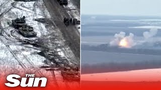 Ukrainian troops blow up whole column of Russians tanks as soldiers flee
