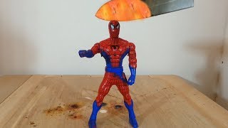 EXPERIMENTS Glowing 1000 Degree KNIFE vs  SPIDERMAN Toys What's inside