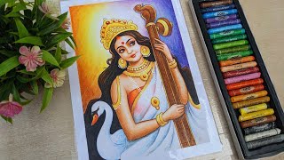 Saraswati Mata Painting || Oil Pastel Painting.