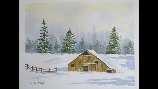 Barn in the Snow    watercolour painting for complete  beginners