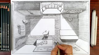 Drawing  A Bedroom For Teen In One Point Perspective | Bird's Eye View |  Timelapse