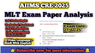 AIIMS CRE Paper Analysis - MLT 2025 Lab Technician Technical Assistant Lab attendant