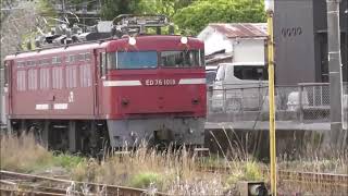 JR貨物 ED76 1018形機関車が牽引する。大型コンテナ多数積載（鹿児島貨物ターミナルセンターに向かう。  宮田通り踏切　撮影日2023 3 13