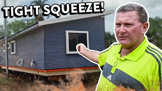 Truckers Struggle In 40° Heat To Fit House Through Narrow Driveway