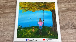Girl and Dog Under Tree| Easy Acrylic Painting for Beginners | Joy of Art #37