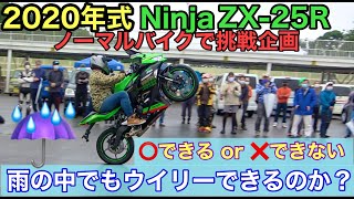 雨の中、Ninja ZX25Rでウイリーに挑戦！果たして上げられるのか？　スタントショー エクストリームバイクショー ウィリー教室 ウイリースクールウイリー教習所