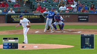 TOR@TEX: Lewis fans Smoak to lead off the frame