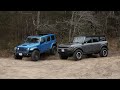 jeep wrangler vs ford bronco winter off road test which is better out on the trails driving.ca