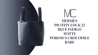 • MIGHTYCHIC • HERMÈS Picotin Lock 22 Blue Indigo Matte Porosus Crocodile Rare