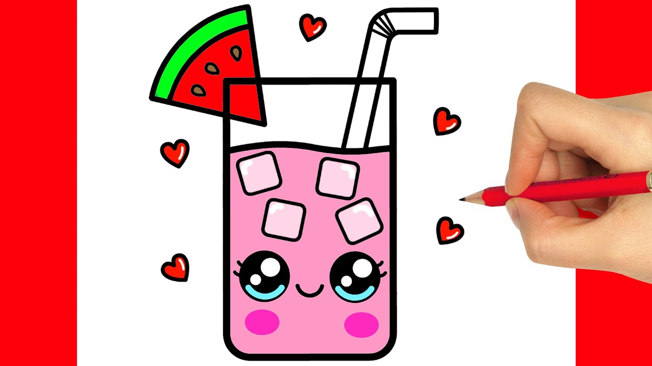 How To Draw A Cute Glass Of Juice Watermelon Drink Youtube