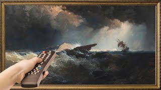 Vintage TV Art Screensaver. Moody Stormy Seas with Ship Seascape. 4K Gold Framed Frame TV Hack.