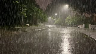 Sleep Instantly with Heavy Rainstorm \u0026 Powerful Thunder Sounds Covering the Rainforest Park at Night