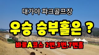 경북 도지사배 대가야 파크골프장 승부홀은  바로 A코스 3개홀-2번/3번/7번홀 입니다. 속보:  9번홀은 도그레그 홀로 코스 변경됨