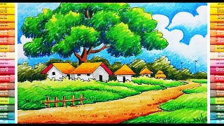 How To Draw a Village Scenery _ Beautiful Nature Drawing Painting _ Oil Pastel Colors _Step by Step