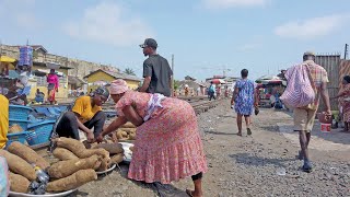 4K LOCAL TRAIN STATION MARKET IN GHANA ACCRA  MAKOLA, AFRICA