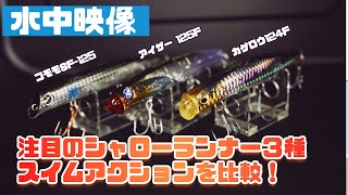 【水中映像】アイザー125F、コモモSF-125、カゲロウ124Fシャローランナー３種のスイムアクションを比較してみた【シーバス】