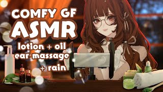 【ASMR】 GF giving you a Brain Melting Lotion \u0026 Oil Ear Massage | 3DIO, gentle rain, no talking