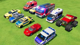 TRANSPORTING CARS, AMBULANCE, POLICE CARS, FIRE TRUCK, MONSTER TRUCK OF COLORS! WITH TRUCKS! - FS 22