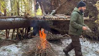 Building a secret Shelter under fallen tree - bushcraft trip Muradbushcraft