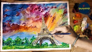 How to paint Eiffel tower | step by step acrylic painting tutorial | landscape drawing | Kaurpaints