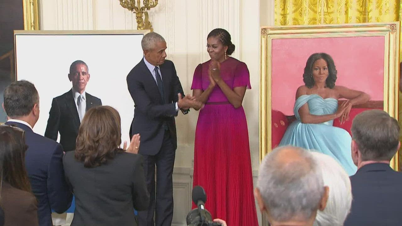 Obamas Return To White House For Official Portrait Unveiling - YouTube