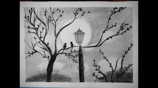 Draw Scenery of Moonlight Night by pencil sketch | Love Birds Scenery Drawing | Sketch & Draw