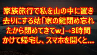 家族旅行で私を山の中に置き去りにする姑「家の鍵閉め忘れたから閉めてきてw」→3時間かけて帰宅し、スマホを開くと…（朗読）