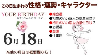 6月18日生まれの誕生日占い（他の月日は概要欄から）～誕生日でわかる性格・運勢・キャラクター・開運・ラッキーアイテム（6/18 Birthday Fortune Telling）0618