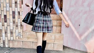 ミニスカJK制服コスプレでお出かけ🎵 mini skirt school girl cosplay  high socks walking