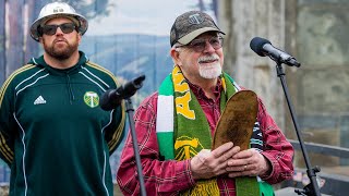 Timber Jim and fans at the blessing of the Victory Log