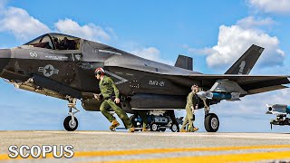 緊張の高まり：F-35B航空機に弾薬を搭載する準備をしている米海兵隊