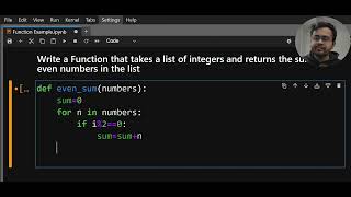 24. Function Example 01: Finding sum of even numbers from a List of Integers!!#python