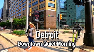 Downtown Detroit Michigan Quiet Morning Walk |5K 60FPS | City Sounds