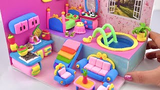 DIY Miniature House ❤️ Amazing Pink Bedroom, swimming pool, kitchen from Polymer Clay \u0026 Cardboard