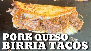 Pork Queso Birria Tacos on the griddle