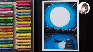 oil pastel drawing for beginners/ moonlight night scenery drawing with oil pastel