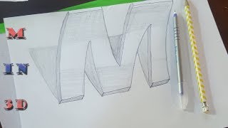Drawing 3D Letter M with charcoal pencil. How to draw letter M.