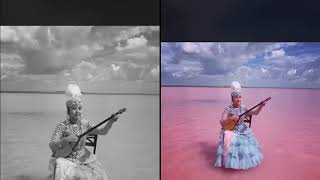 Marzhan Kapsamat, is playing in Lake Köbeituz, a salt lake in Kazakhstan that turns pink every years