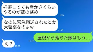 大雪の晩に、臨月の嫁に無理やり屋根の雪をかかせ、緊急搬送した姑が「妊婦だからって甘えるな」と笑い飛ばし、一切謝罪しない最低な姑に衝撃の真実を伝えた時の反応が…