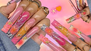 Hot Pink & Orange Tropical Nail Set Tutorial 🌸🍊