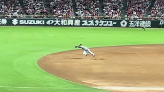 惜しい！阪神 中野 ファインプレイでボールを取るも投げられず　22.8.6マツダスタジアム