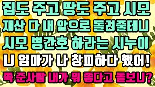 [카카오실화사연]집도 주고 땅도 주고 시모재산 다 내 앞으로 돌려줄테니 시모 병간호 하라는 시누이.니 엄마가 나 창피하다 했어!쪽 준사람 내가 뭐 좋다고 돌보니?