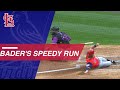 Harrison Bader races home to score from second on an infield single