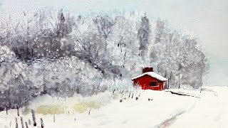Snowy Barn - How to use salt in watercolor landscape painting