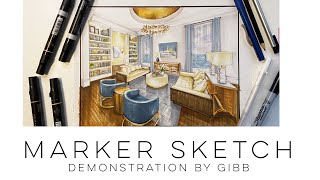 How to draw a Living room with furniture using 2 pt perspective - time lapsed marker demonstration