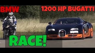 1200 HP Bugatti Veyron Vitesse vs BMW S1000RR x 3 RACES including EXTERIOR view! [60p}