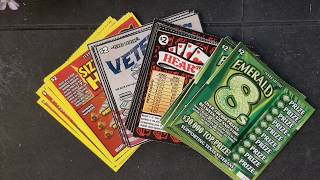 Texas Lottery Scratch Off Tickets: $2 veterans Cash $2 hearts $2 sizzling hot 7s $2 Emerald 8s