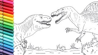 How to Draw T-rex VS Spinosaur From Jurassic Park 3 - Drawing and Coloring Dinosaurs for Children