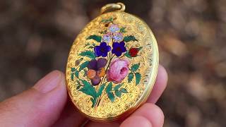 1871 Victorian Gold Locket w Enameled Flower Bouquet \u0026 Inscription